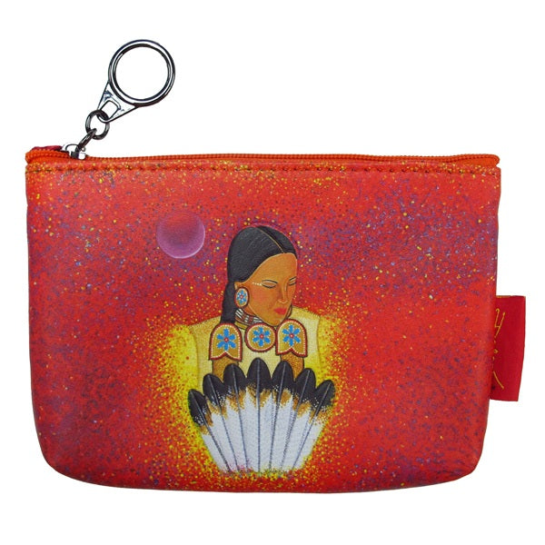 Coin purse with a colorful design of a woman holding feathers against a red background