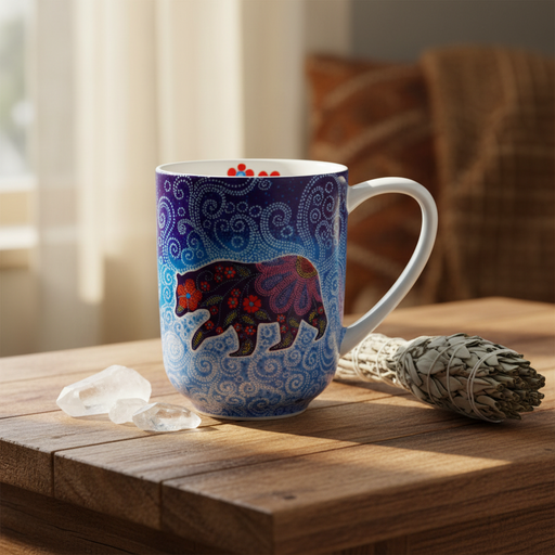 A ceramic mug with a blue and purple bear design sits on a wooden table next to a sage smudge and crystals, with a warm, softly blurred background.