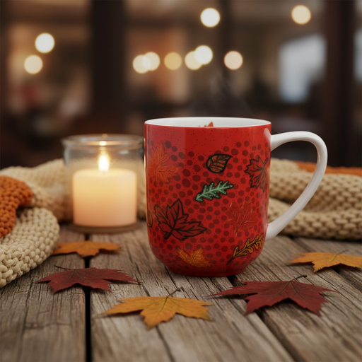 A red ceramic mug with a black dotted pattern and autumn leaf motifs sits on a rustic wooden table. A lit candle in a glass jar, a knitted orange and cream scarf, and scattered fall leaves are arranged around it in a cozy, warm setting.