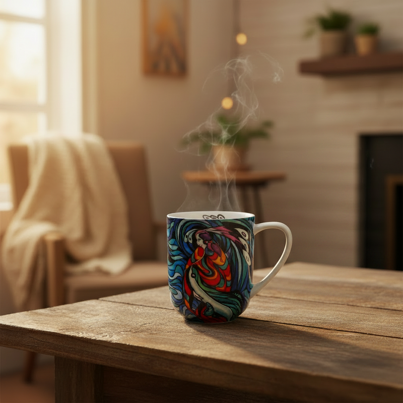  a Don Chase Spirit Fish Porcelain Mug sits on a rustic wooden table in a cozy, softly lit living room with a chair, blanket, and warm background lights.