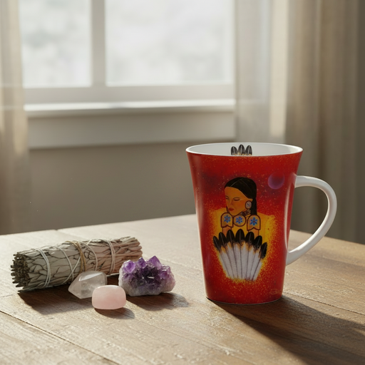 A red ceramic mug with a colorful graphic of a woman  on a wooden table next to a smudge bundle and crystals in front of a window.