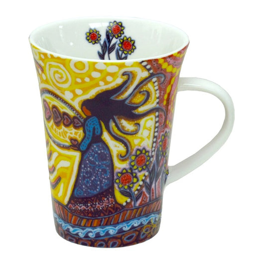 Colorful mug with artistic design on a white background