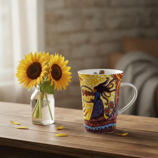 A ceramic mug with a colorful folk-art style illustration of a woman in a blue dress on a yellow background, styled on a wooden table next to a small glass vase with sunflowers.