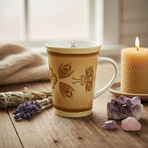 Mug with brown leaf and bee patterns on a wooden surface with sage, lavender, a candle and crystals 