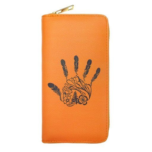 Orange wallet with a black handprint design on a white background