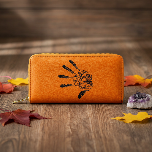 An orange pebbled leather zip-around wallet with a black handprint design, displayed on a rustic wooden surface with autumn leaves and crystals.