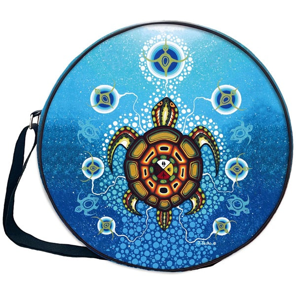 Round bag with a colorful turtle design on a white background