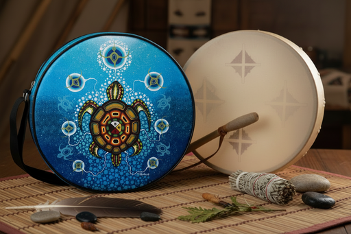 A round blue drum bag with a detailed turtle and geometric Aboriginal-style design, displayed next to a larger natural wood drum on a woven mat with stones and sage.