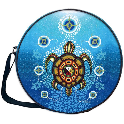 Round bag with a colorful turtle design on a white background