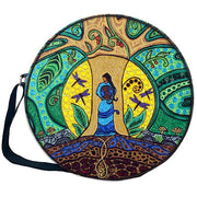 Round drum bag with colorful design featuring a woman and nature elements on a white background