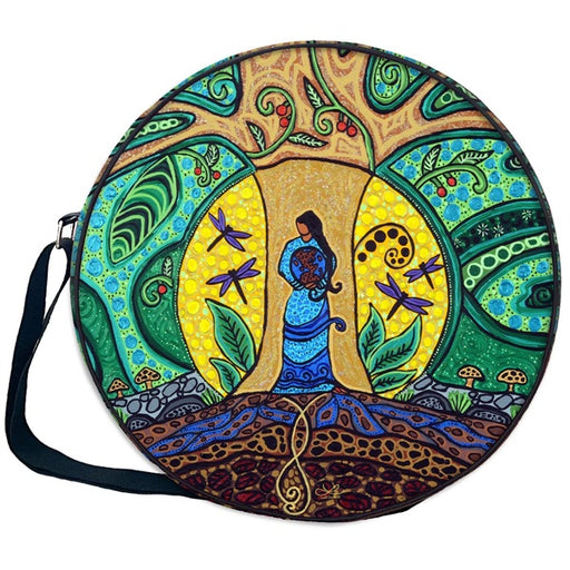 Round drum bag with colorful design featuring a woman and nature elements on a white background