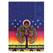 a tea towel with a colorful tree with birds against a starry night sky on a white background