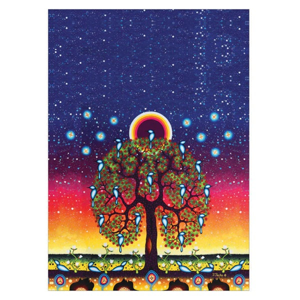 a tea towel with a colorful tree with birds against a starry night sky on a white background