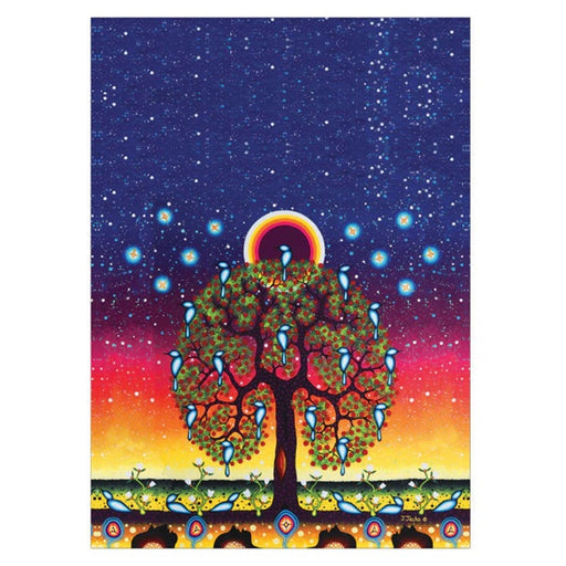 a tea towel with a colorful tree with birds against a starry night sky on a white background