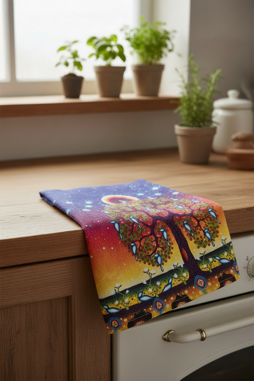 A colorful kitchen towel with a whimsical tree of life design draped over the edge of a wooden countertop in a kitchen setting.