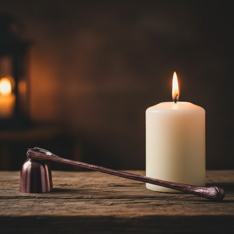 a metal candle snuffer on a table beside a white lit pillar candle.