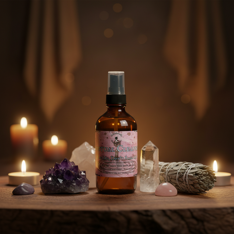 A  bottle of Earthworks Enchantments Spiritual Cleansing Room Spray stands on a wooden surface surrounded by crystals, a smudge bundle, and lit candles in a warm, atmospheric setting.