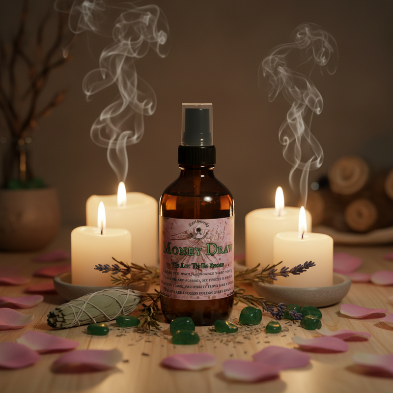 A bottle of Earthworks Enchantments Room Spray Money Draw, stands on a wooden surface surrounded by lit white candles, rose petals, green stones, dried lavender, and a smudge bundle, with smoke rising in the background.