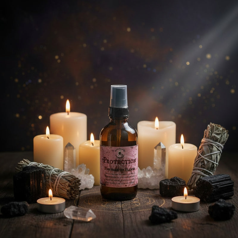 A amber 'Protection' spray bottle on a wooden surface surrounded by candles, sage, and black and clear crystals    