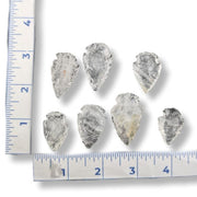 Six small pointed stone arrowheads arranged on a white background with a measuring ruler along the left and bottom edges for scale.