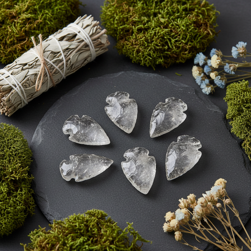 Five clear crystal leaf-shaped arrowheads arranged on a dark slate board, surrounded by green moss, dried flowers, and a white sage smudge bundle.