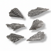 Black kyanite with fluted surface arranged in a grid on a white background with soft drop shadows.