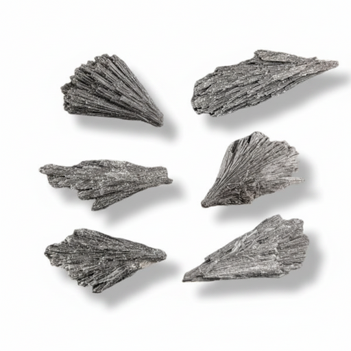 Black kyanite with fluted surface arranged in a grid on a white background with soft drop shadows.