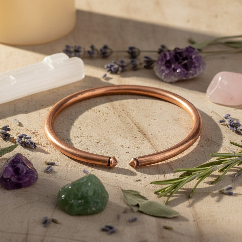 Copper bracelet on a stone surface with crystals and lavender flowers
