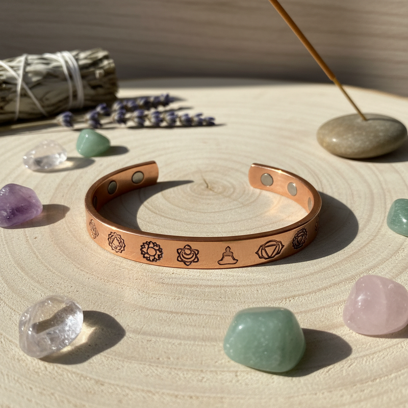 Copper bracelet with engraved symbols on a wooden surface with crystals and an incense stick.