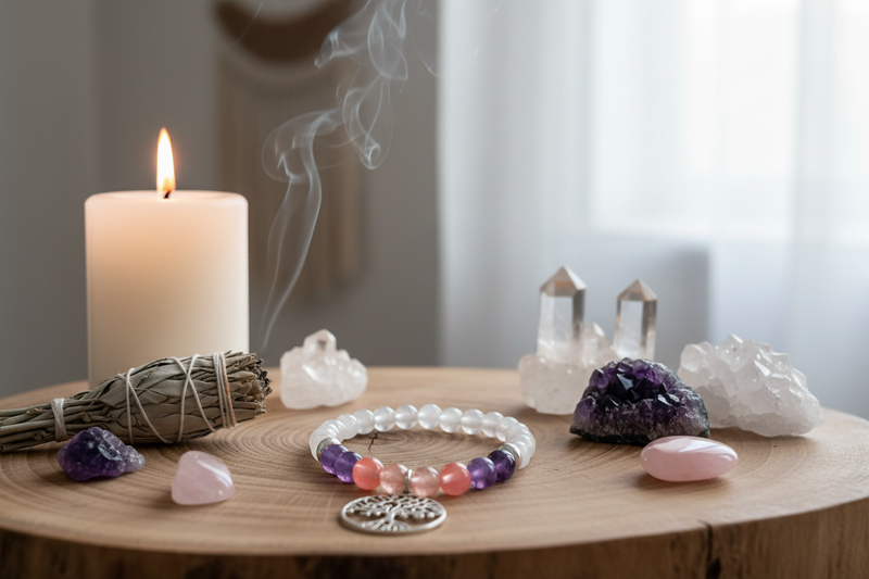 8mm Bracelet Sunstone, Lepidolite, Amethyst, Selenite