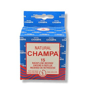 Box of Natural Champa incense cones with blue and red design on a white background