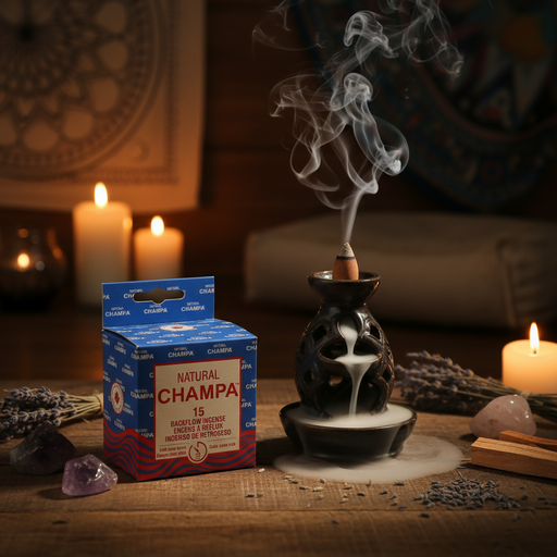 Incense burner with smoke, box of Natural Champa incense, and candles on a wooden surface.