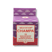 Box of Meditation Champa incense with purple and red design on a white background