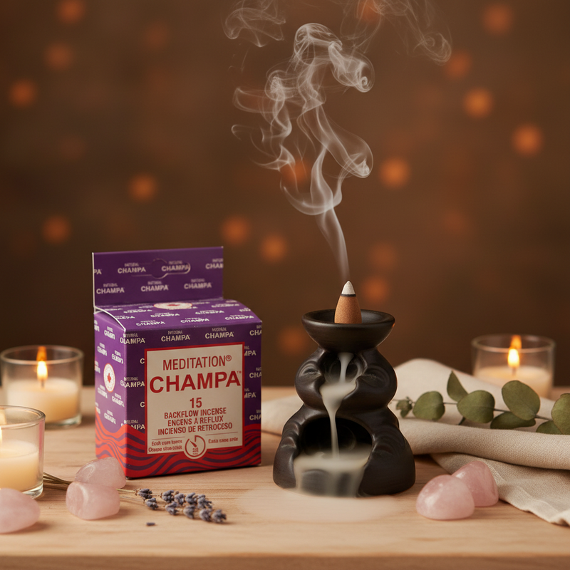 Meditation Champa incense with a smoking cone on a wooden table with candles and crystals.