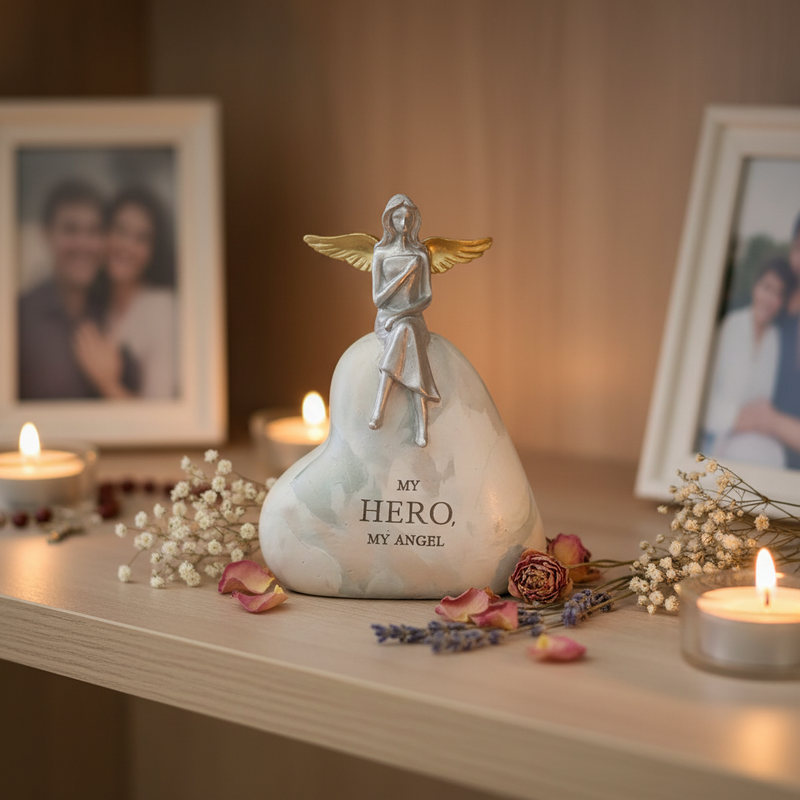 A heart-shaped figurine with a silver angel figurine on top, displayed on a wooden shelf with lit candles, dried flowers, and framed photos in a warm indoor setting.