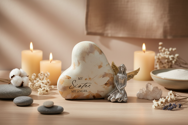 A heart-shaped statie with a marbled cream and gold finish, featuring the text 'MY Sister MY ANGEL', styled on a wooden surface with lit candles, cotton bolls, stones, and a small angel figurine.
