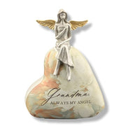 Decorative figurine of an angel sitting on a heart-shaped stone with 'Grandma, Always My Angel' text.