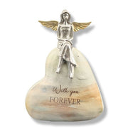 Decorative angel figurine on a heart-shaped stone with 'With you Forever' text on a white background