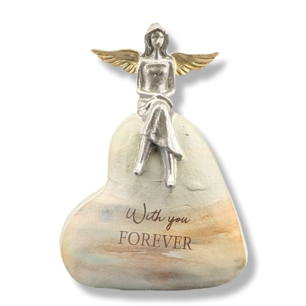 Decorative angel figurine on a heart-shaped stone with 'With you Forever' text on a white background
