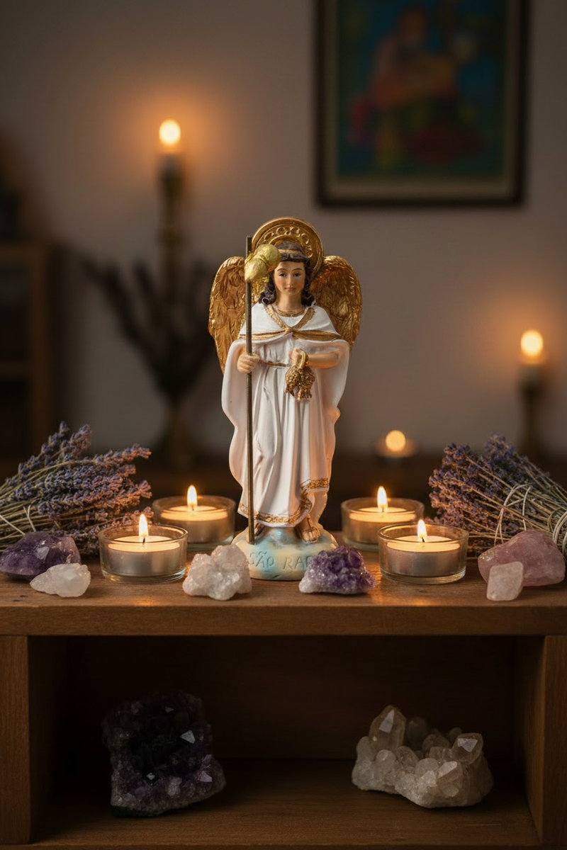 Archangel Raphael Statue with candles and crystals on a wooden shelf.