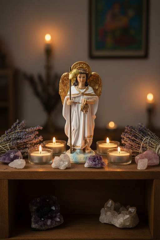 Archangel Raphael Statue with candles and crystals on a wooden shelf.
