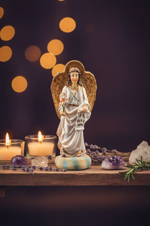Archangel Gabriel Statue  with candles and crystals on a wooden surface against a dark background with bokeh lights.
