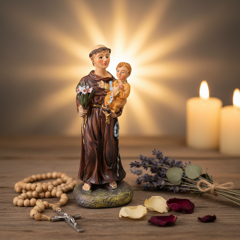 St. Anthony Statue with candles and flowers on a wooden surface