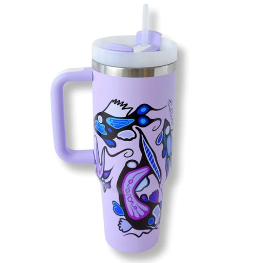 Purple tumbler with a handle and straw lid featuring Indigenous designs on a white background