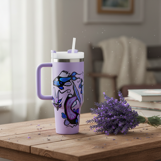 A lavender insulated tumbler with a handle, white lid, and straw, decorated with a blue and purple Indigenous illustration, set on a wooden table next to a bouquet of purple lavender in a softly blurred indoor setting.