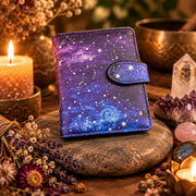 A small zip-around wallet or notebook cover with a galaxy and constellation print in purple, blue, and black, styled on a stone surrounded by candles, crystals, and dried flowers.