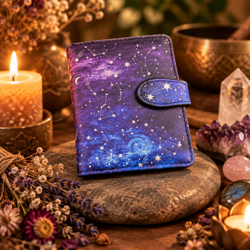 A small zip-around wallet or notebook cover with a galaxy and constellation print in purple, blue, and black, styled on a stone surrounded by candles, crystals, and dried flowers.
