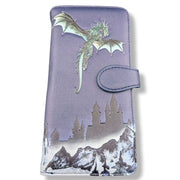 Large Zipper Wallet with dragon and castle design on a purple background