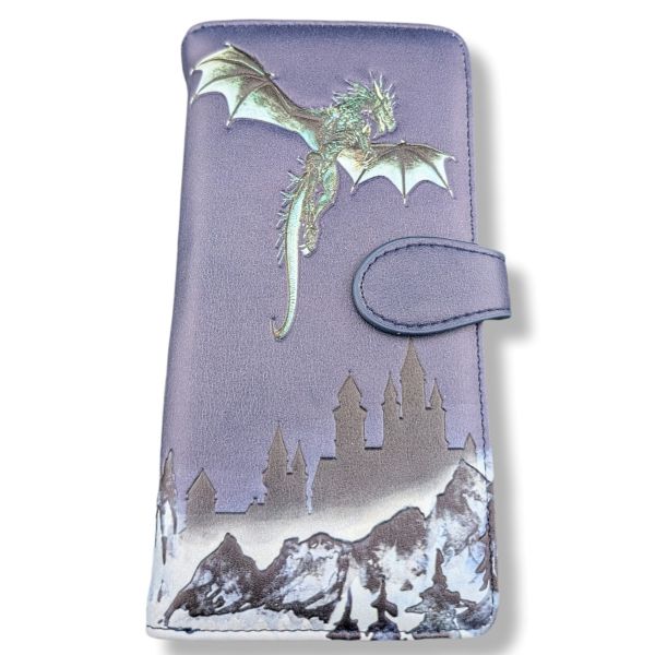 Large Zipper Wallet with dragon and castle design on a purple background