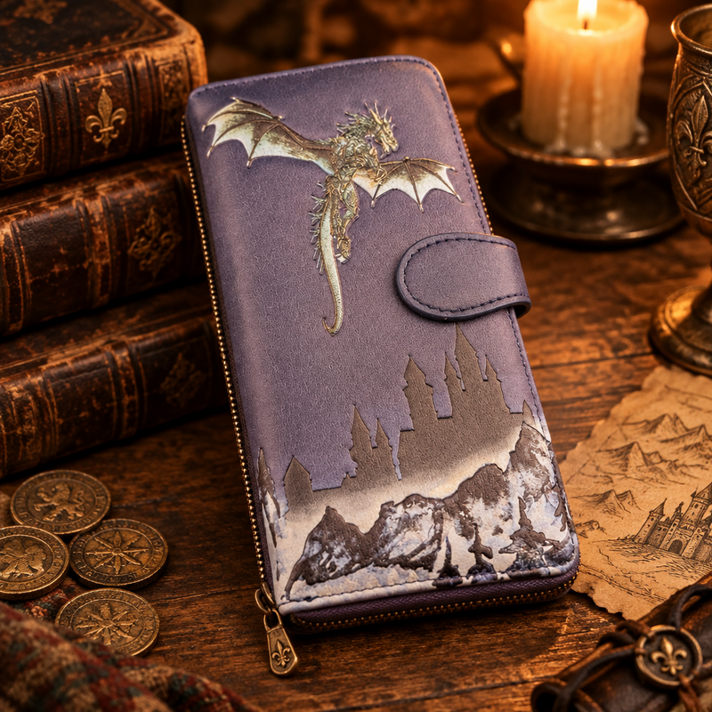 A purple zip-around wallet with an embossed dragon and castle landscape design, styled on a wooden surface with vintage books, coins, and a lit candle.